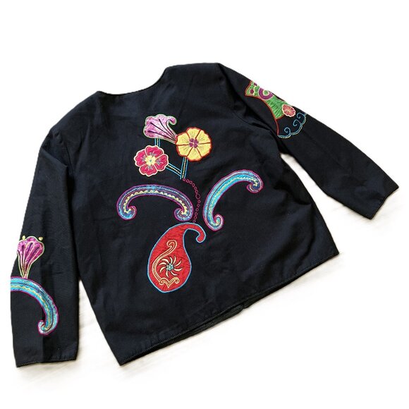Indigo Moon Flower Applique Jacket Glass Buttons Black with Colorful Floral - Picture 5 of 7